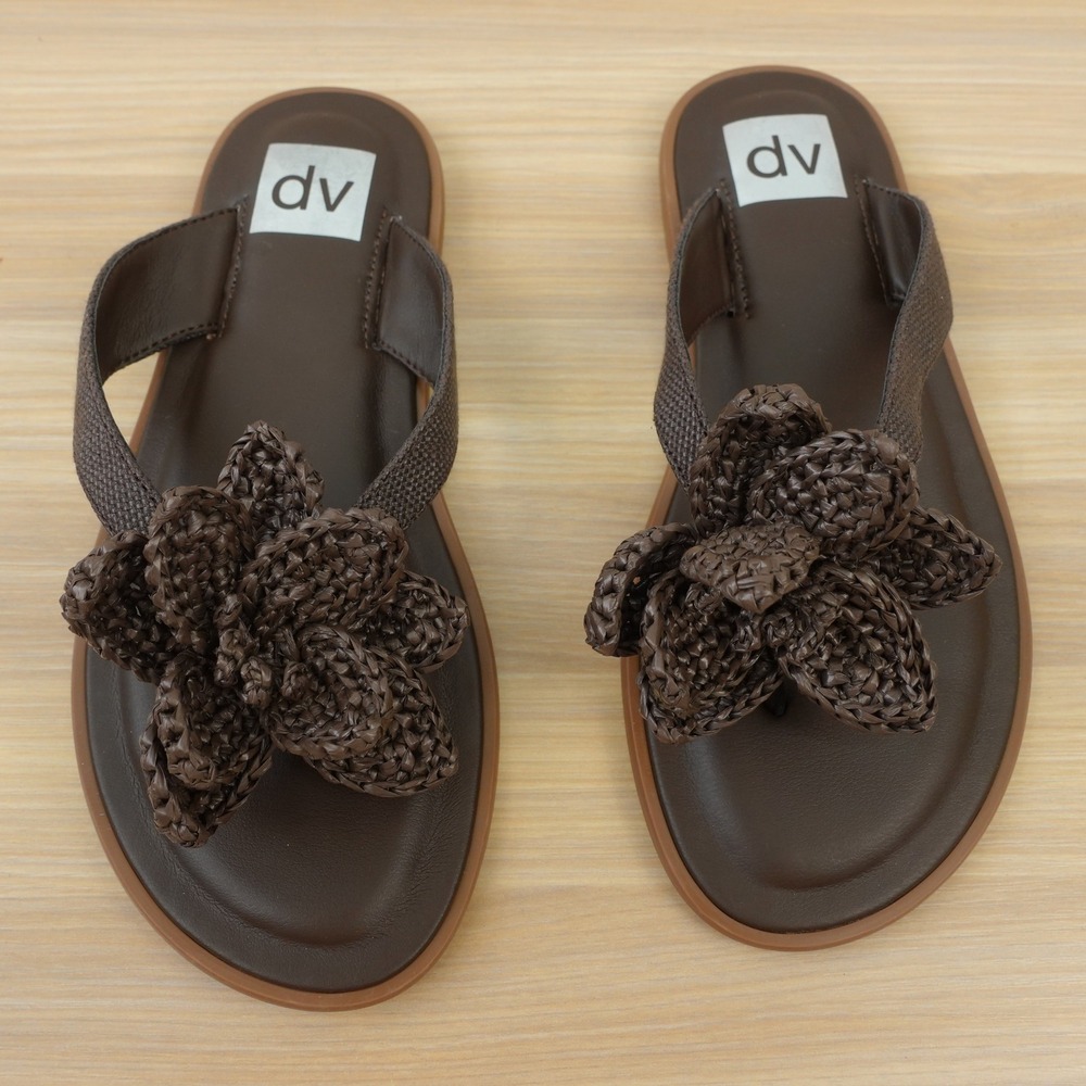 Raffia Thong Sandals Women 6 Brown Chocolate Rustic Boho 3D Flower DV Dolce Vita